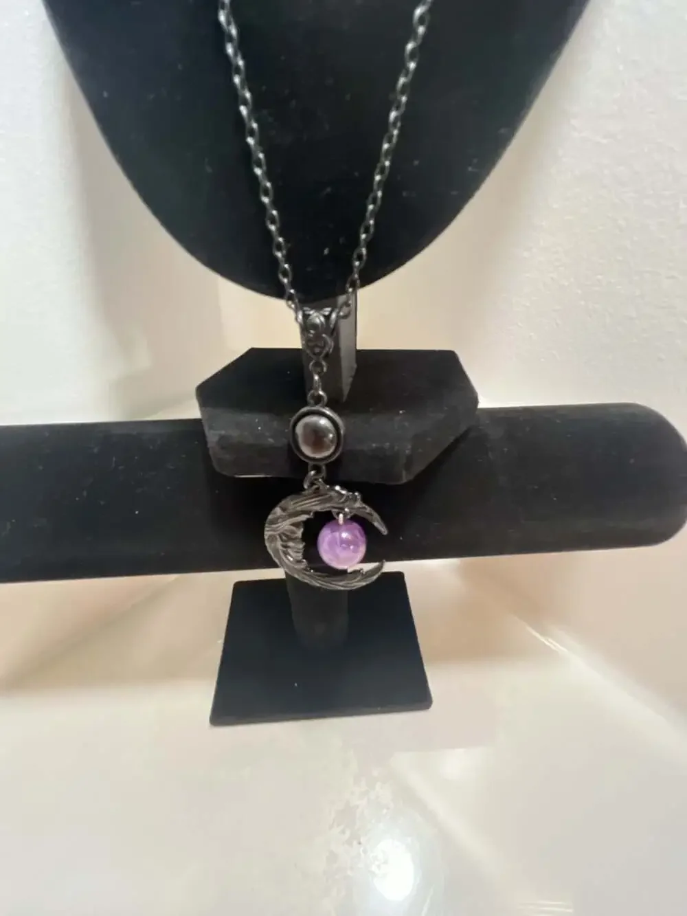 Gothic Black Crescent Moon Pendant Necklace with Purple Bead